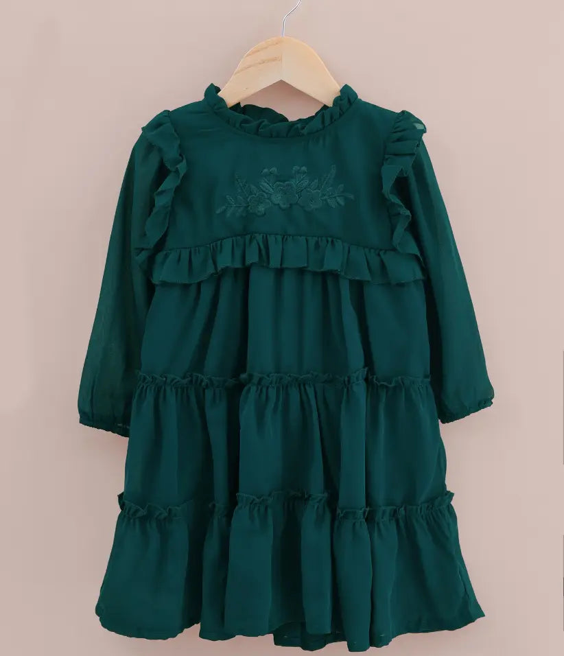 baby girls tiered chiffon dress front view#color_dark-emerald-green