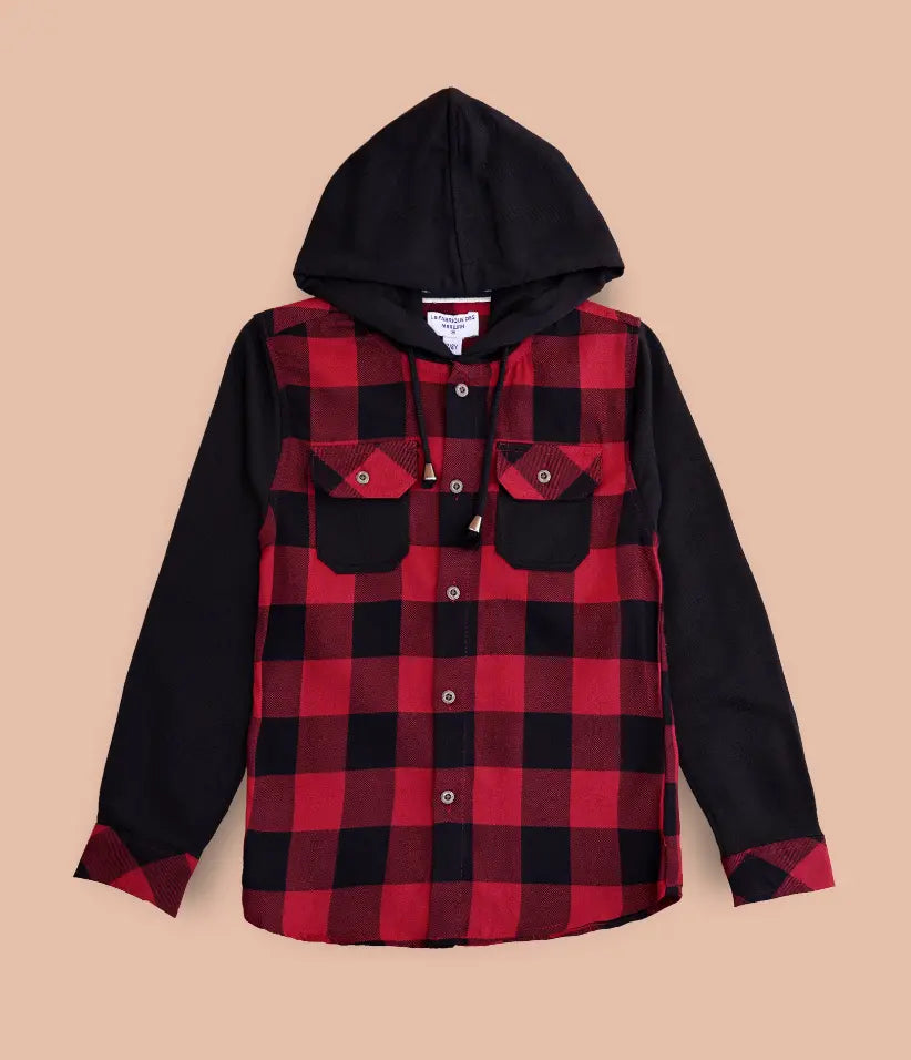 boys plaid flannel hooded shirt jacket 3-8 years front view