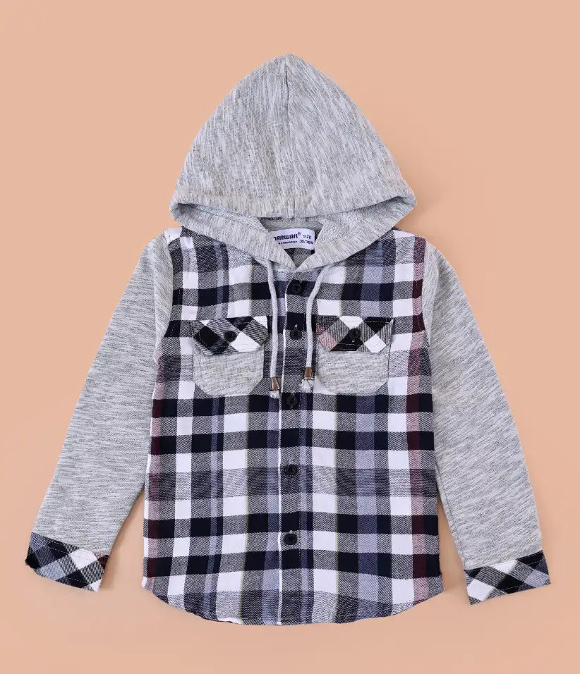 toddler baby boys plaid flannel hooded shirt jacket 6-36 months front view#color_gray