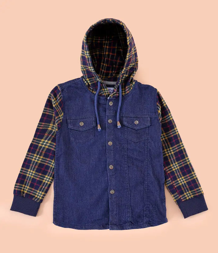 toddler baby boys plaid flannel denim hooded shirt jacket 6-36 months front view