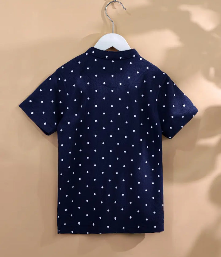 baby-boys-blue-polka-dot-mandarin-collar-polo-shirt-6-36 month-back-view-