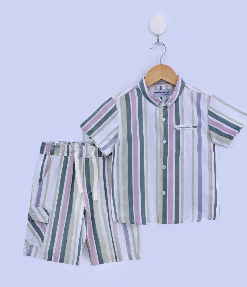 baby boys striped cotton co-ord set 6-36 months#color_green-pink