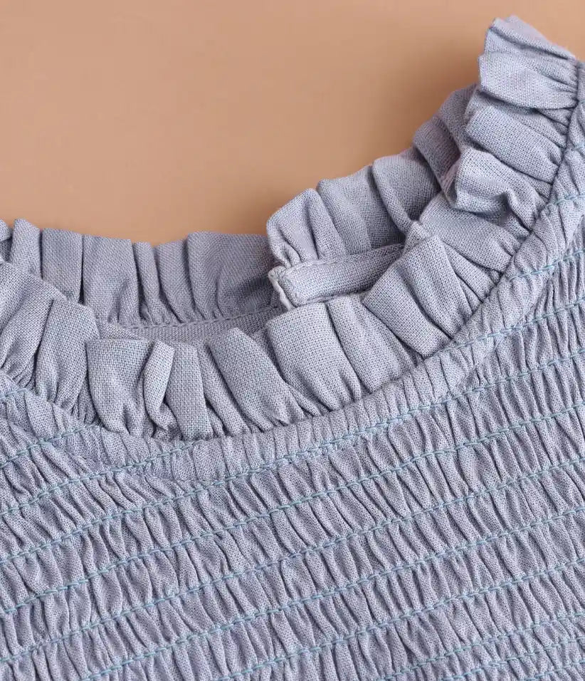 baby girls smocked cotton dress collar front view#color_powder-blue