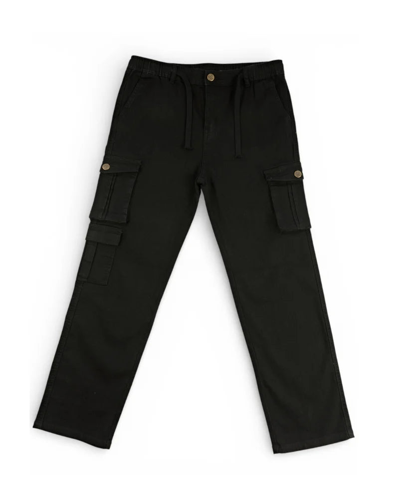 Boys black cargo jeans, 9-16 years, front view