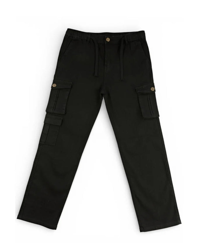 Boys black cargo jeans, 9-16 years, front view