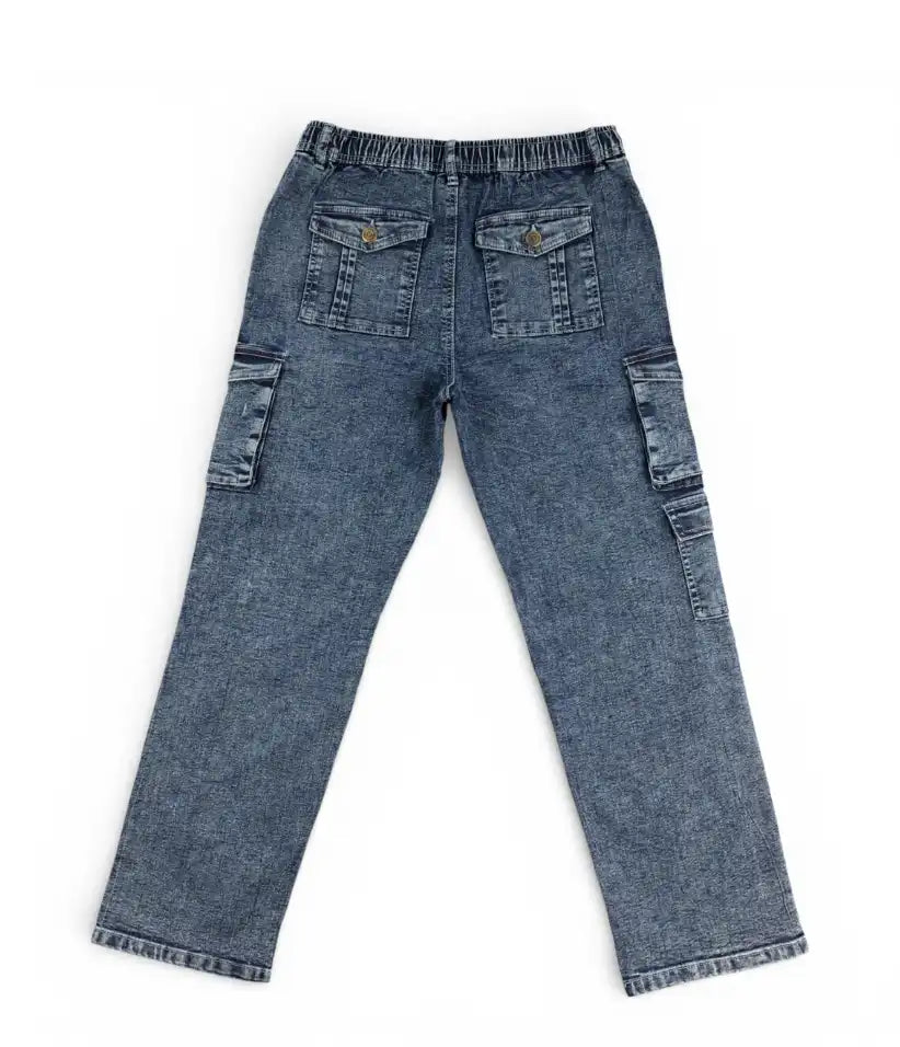 Boys blue acid wash cargo jeans, 9-16 years, back view