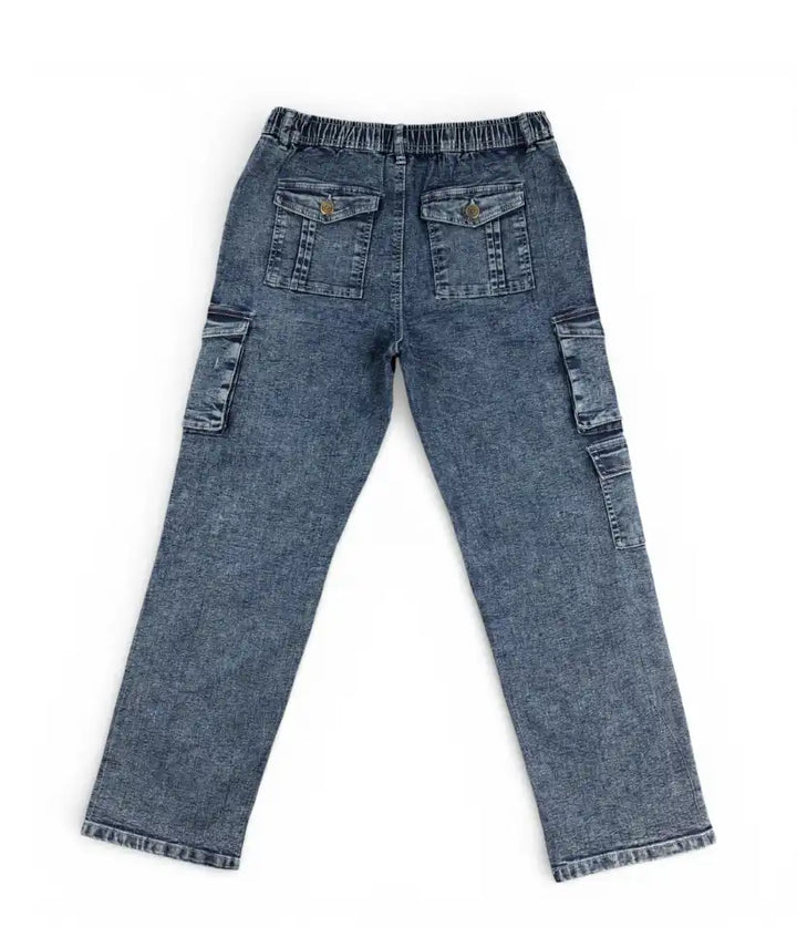 Boys blue acid wash cargo jeans, 9-16 years, back view