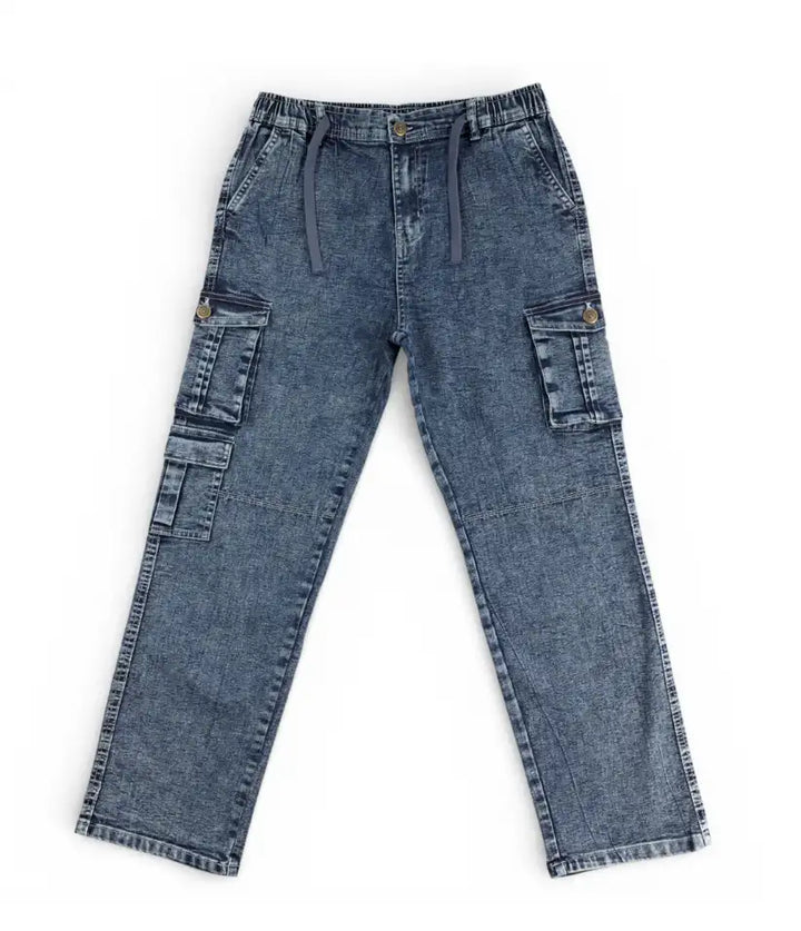 Boys blue acid wash cargo jeans, 9-16 years, front view