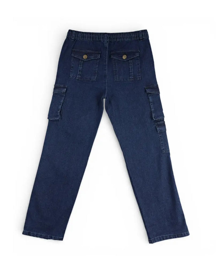 Boys dark blue cargo jeans, 9-16 years, back view