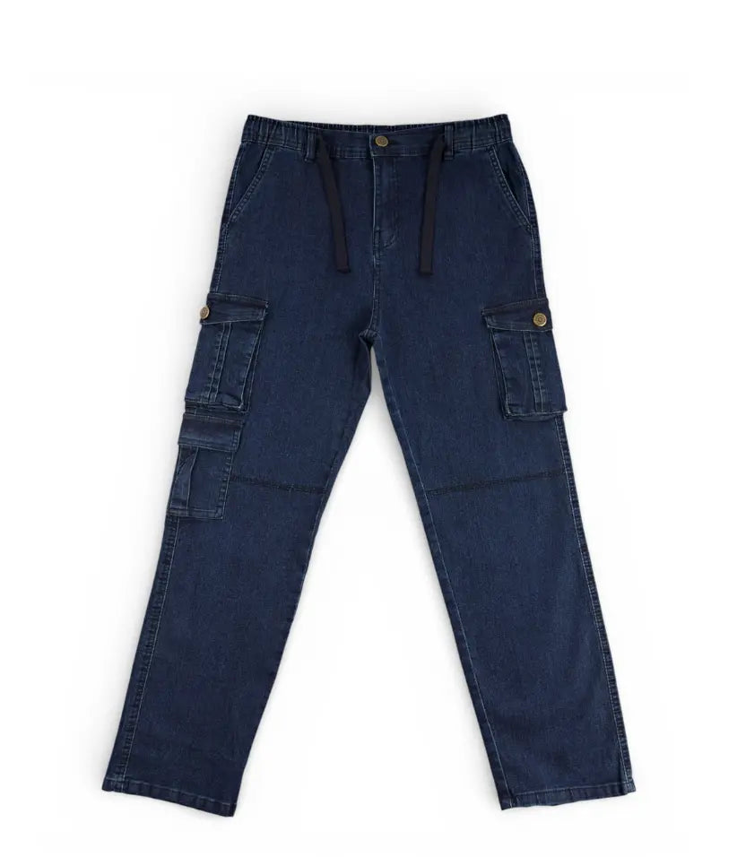 Boys dark blue cargo jeans, 9-16 years, front view