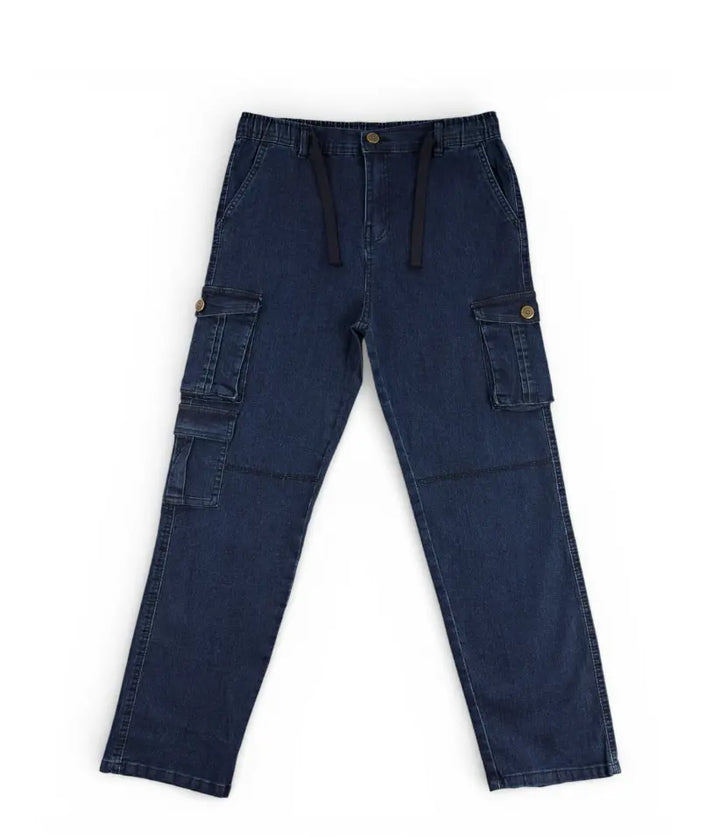 Boys dark blue cargo jeans, 9-16 years, front view