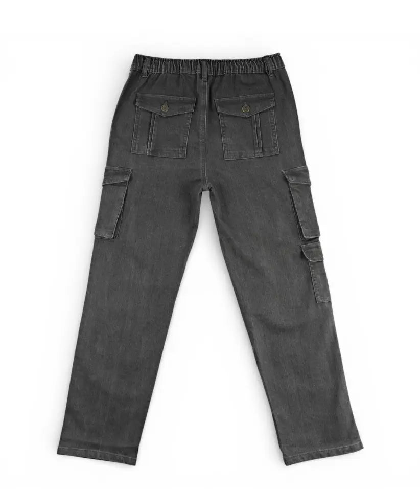Boys dark grey cargo jeans, 9-16 years, back view