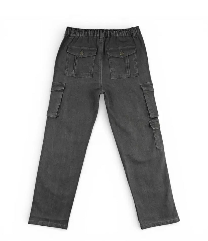 Boys dark grey cargo jeans, 9-16 years, back view