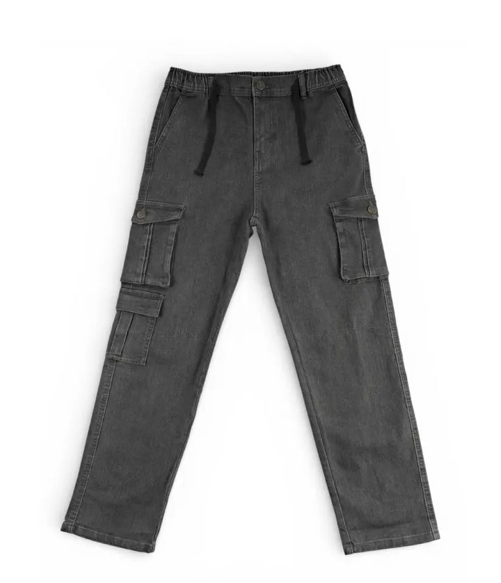 Boys dark grey cargo jeans, 9-16 years, front view