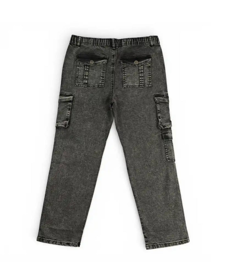 Boys grey acid wash cargo jeans, 9-16 years, back view