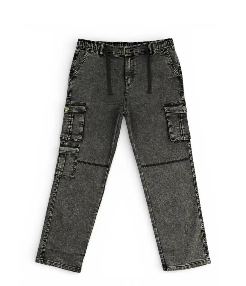 Boys grey acid wash cargo jeans, 9-16 years, front view