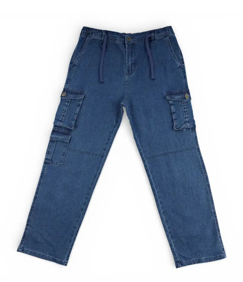 Boys light blue cargo jeans, 9-16 years, front view