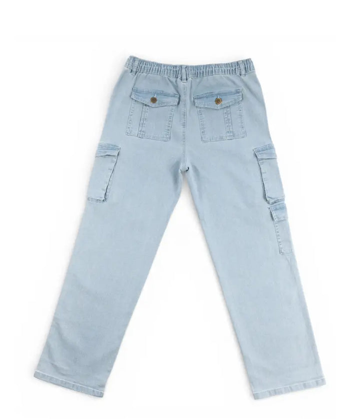Boys light blue wash cargo jeans, 9-16 years, back view