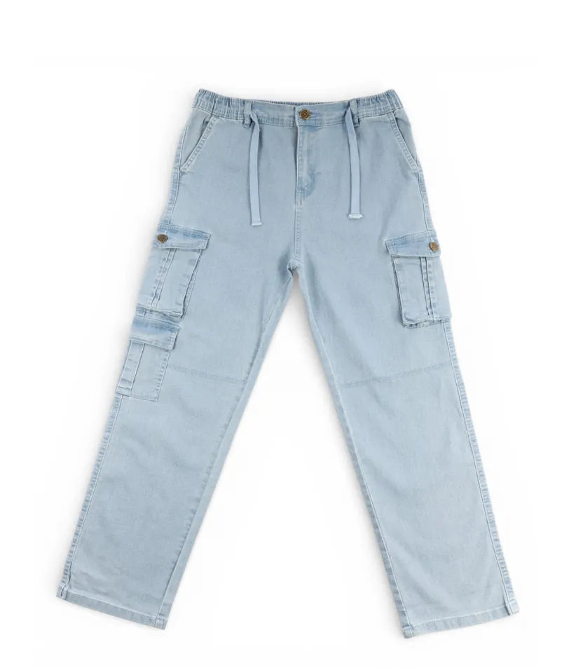 Boys light blue wash cargo jeans, 9-16 years, front view