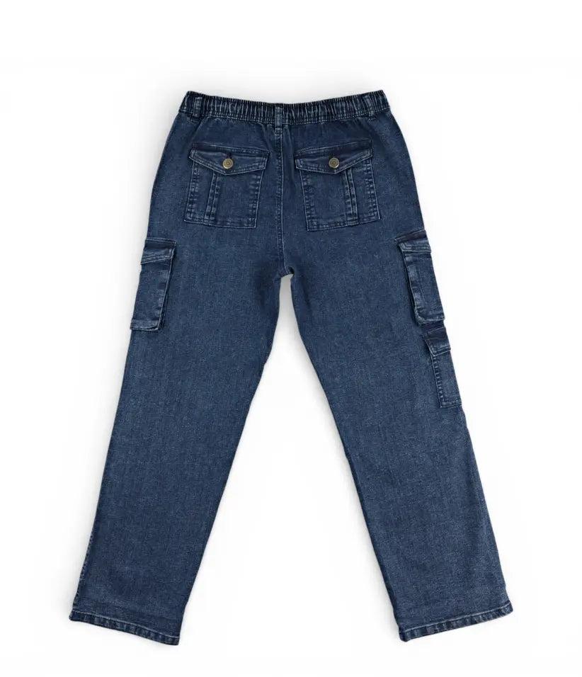 Boys mid blue cargo jeans, 9-16 years, back view