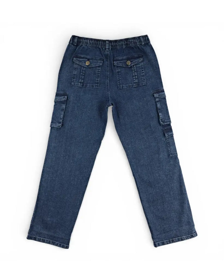 Boys mid blue cargo jeans, 9-16 years, back view