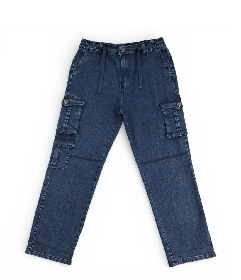 Boys mid blue cargo jeans, 9-16 years, front view