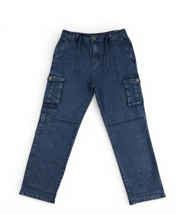 Boys mid blue cargo jeans, 9-16 years, front view