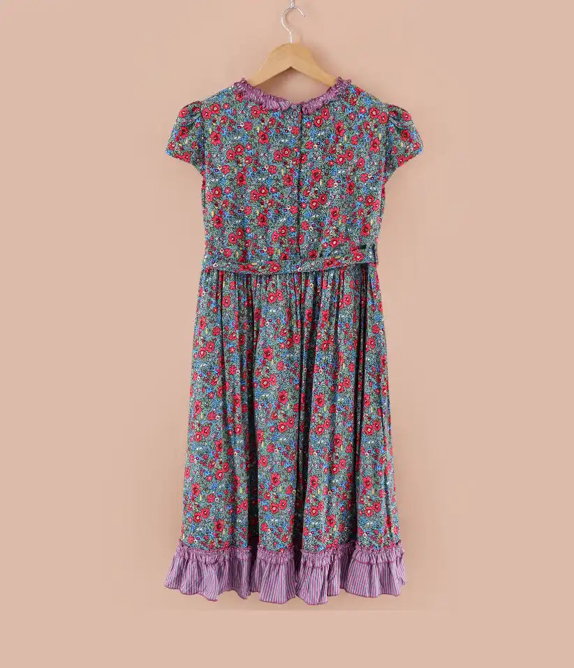 girls floral ruffle cotton dress back view