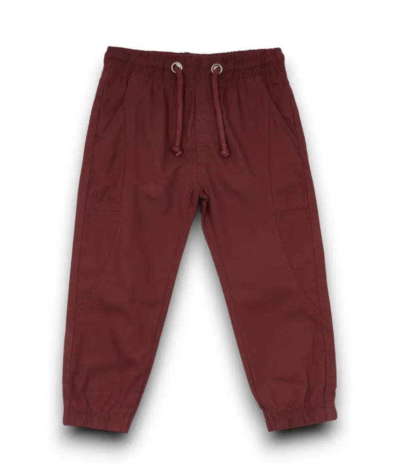 baby boys linen joggers front view#color_burgundy